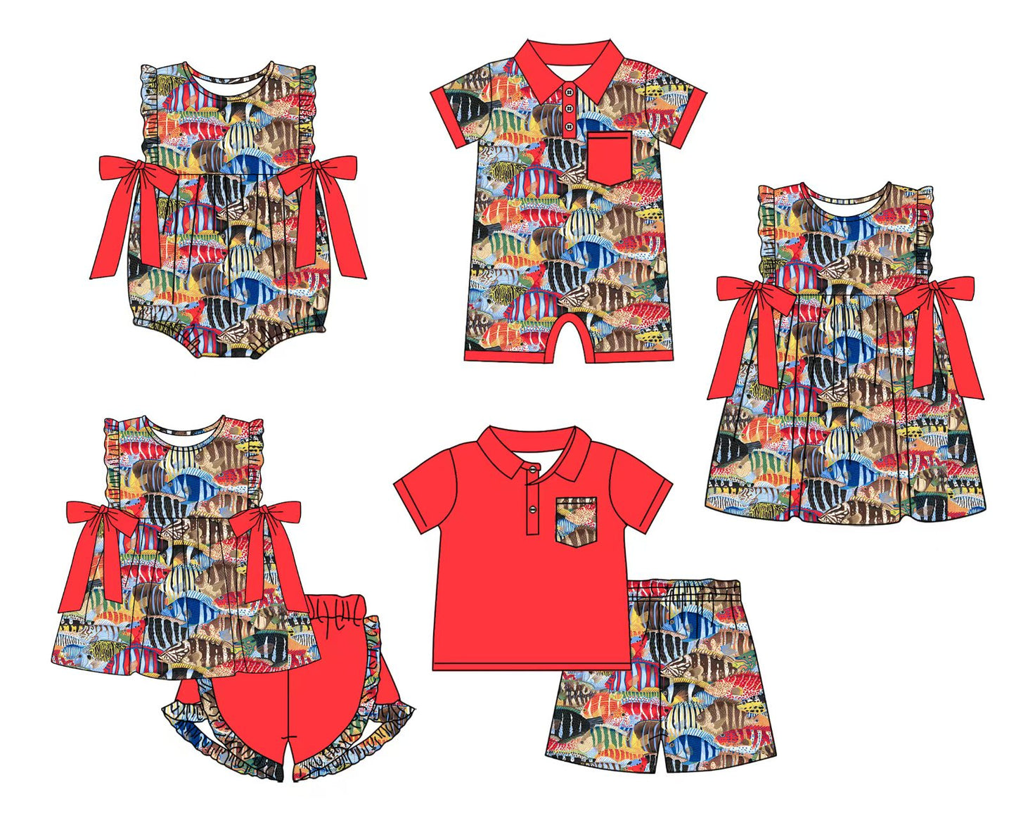 12.5 custom each style moq 5eta 4-6week Sibling Sister fish baby girl short sleeve shorts sets and sets 2 and girls romper and boy romper and dress match design