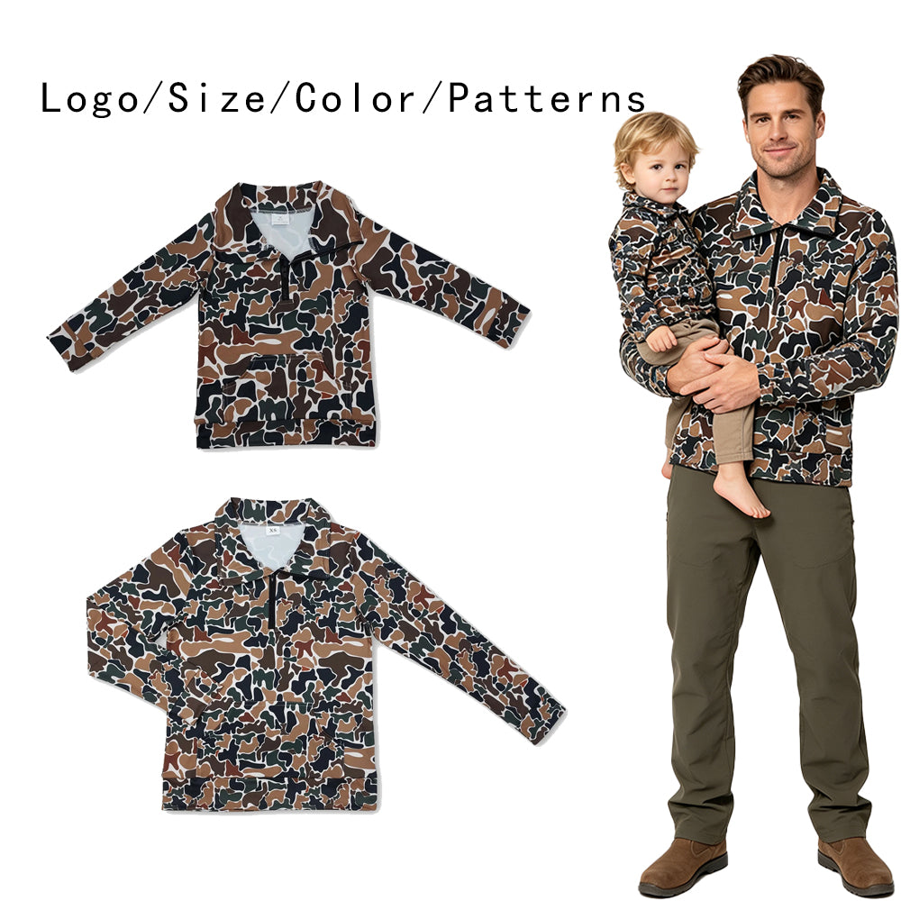 RTS NO MOQ Sibling milk silk Adult To Match Kids Dark Brown Camo Quarter Zip Long Sleeve Pullover Top