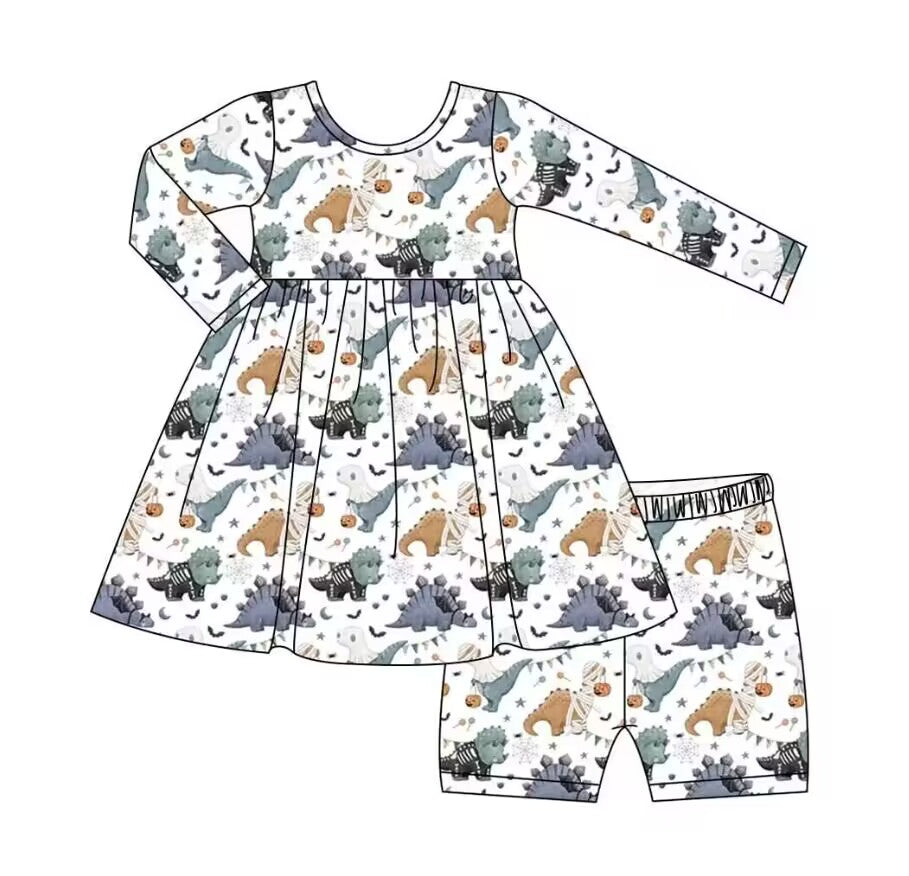 5.9custom each style moq 5eta 4-5week Sibling Sister Halloween cute dinosaur prints green girls and boys outfits and baby rompers match family design