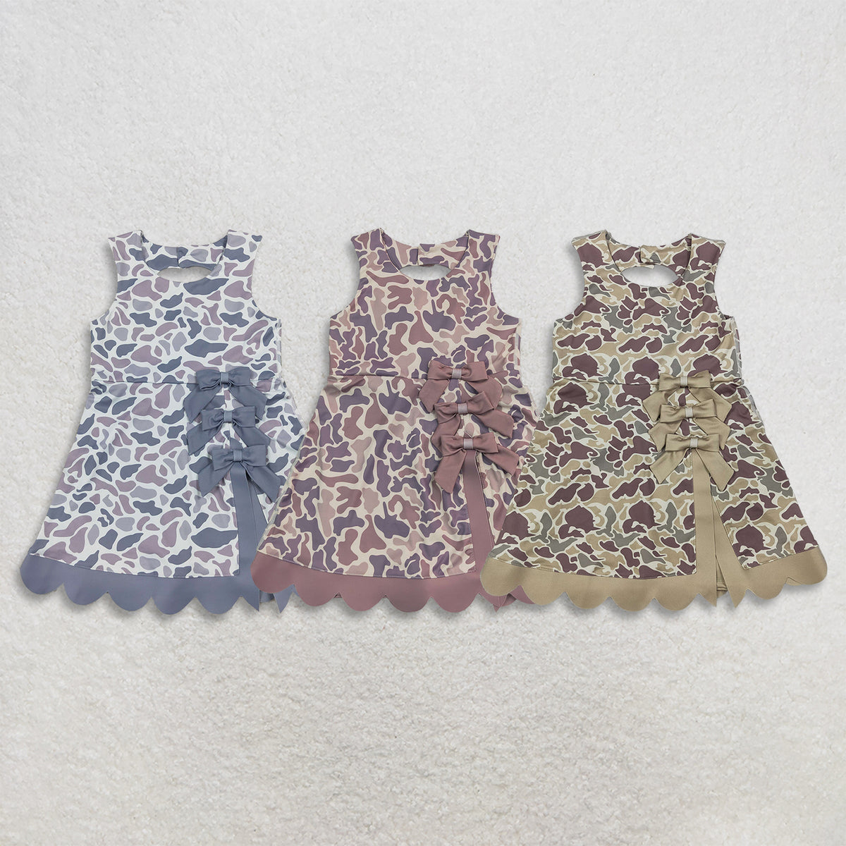 RTS NO MOQ Sibling yoga fabric Baby Girls Camo Sleeveless Dress Back Bow Scallop Hem Casual Summer Dress