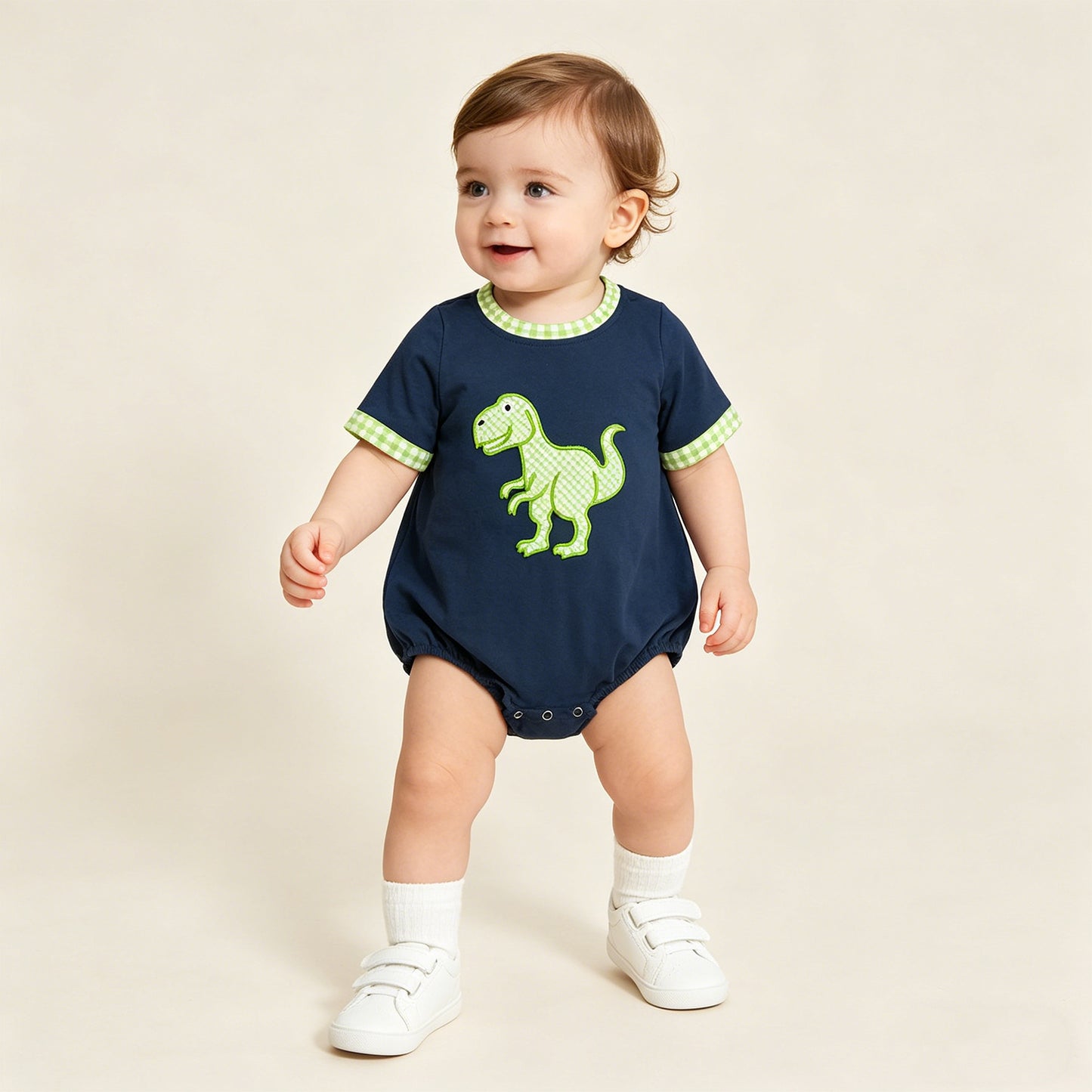 RTS NO MOQ SR4113 Baby Boys Casual Navy Dinosaur Embroidery Short Sleeve Rompers