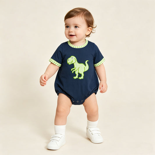 RTS NO MOQ SR4113 Baby Boys Casual Navy Dinosaur Embroidery Short Sleeve Rompers