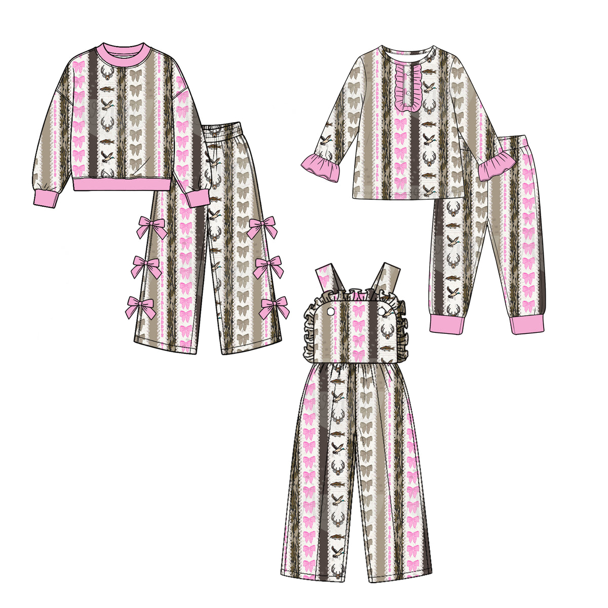 (Preorder new) No moq Baby Girls Pink Bow Deer Antler Stripe Long Sleeve Top Pants Jumpsuit Outfit Set