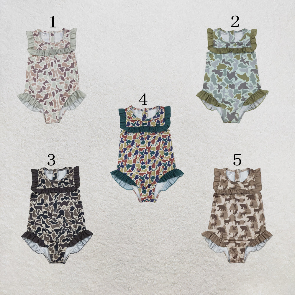 RTS NO MOQ Sibling Baby Girls Southern Hunting Camo Ruffle Swimming Swimsuits
