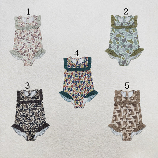 RTS NO MOQ Sibling Baby Girls Southern Hunting Camo Ruffle Swimming Swimsuits