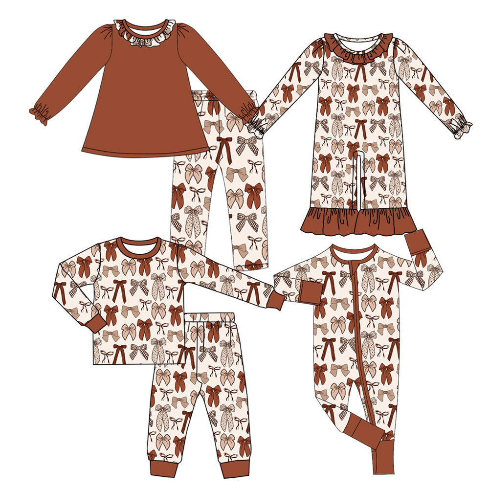 (Preorder new) No moq Baby Kids Brown Bow Print Long Sleeve Pant Outfit Set Matching Long Sleeve Romper