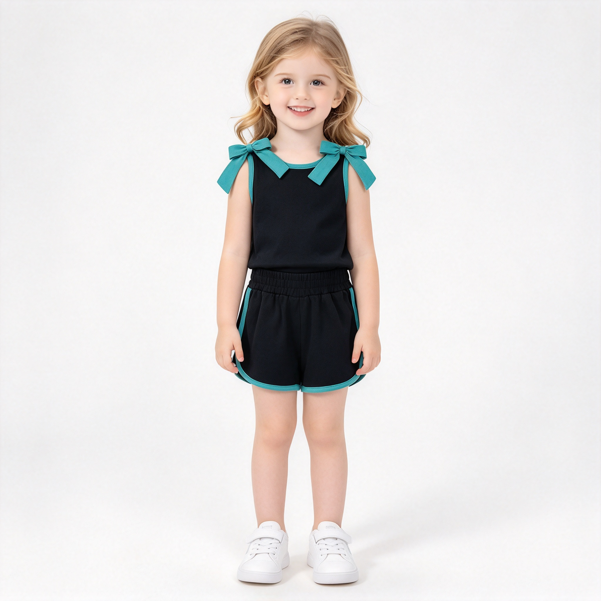 RTS NO MOQ Sibling cotton Baby Girls Bow Solid Sleeveless Top Shorts Daily Clothes Set