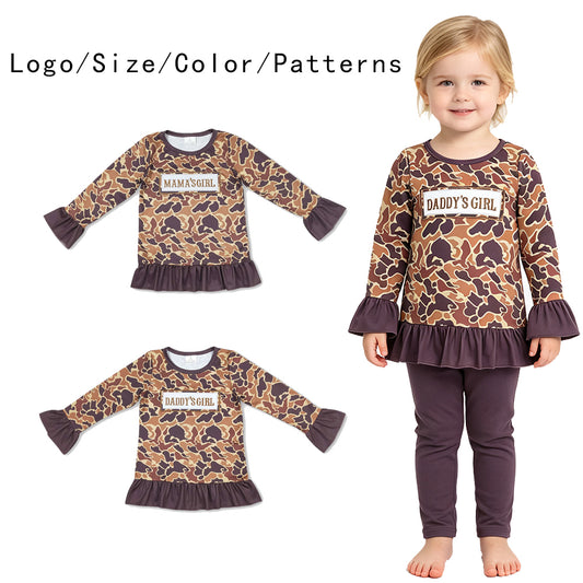 RTS NO MOQ Sibling milk silk Baby Girls Brown Duck Camo Mama's Girl Daddy's Girl Print Ruffle Long Sleeve Top