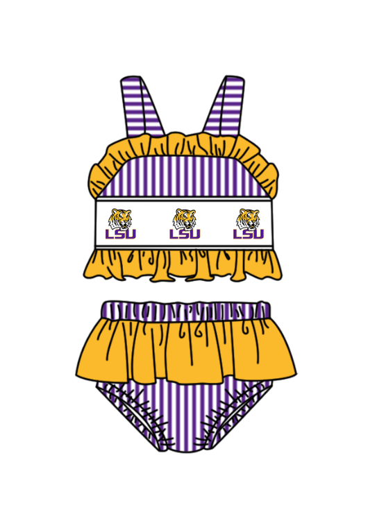 Custom moq 5 mix size milk silk summer teams Baby Girl Purple Stripe Two-Piece Swimsuit Set One Piece Swimsuits Boys Swim Trunks