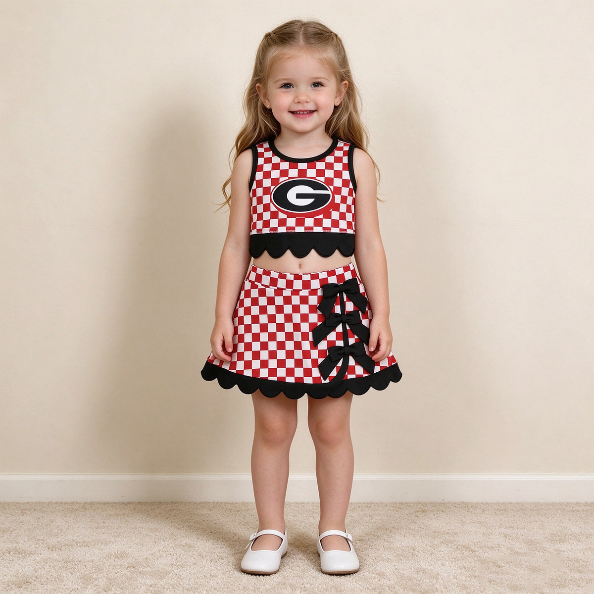NEW RTS NO MOQq yoga fabric GSD4287 Yoga Baby Girls Checked Top Bows Skirt Short Scallop Team Set