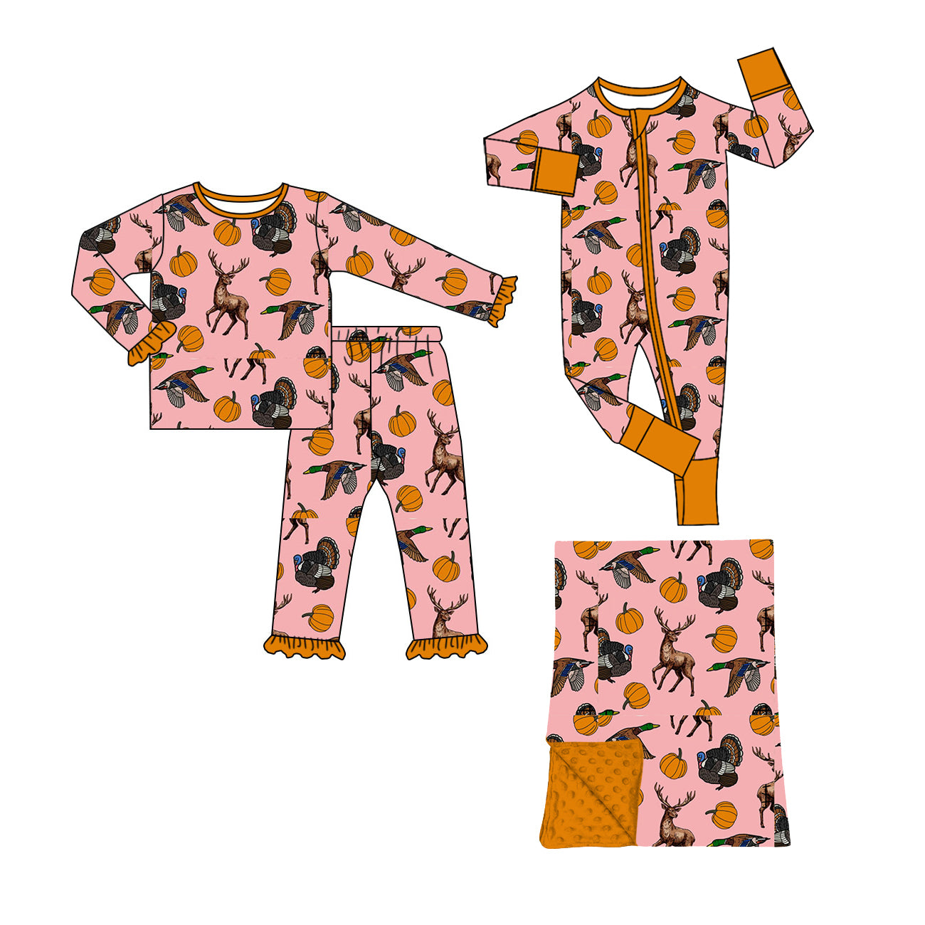 (Preorder new) No moq Girls Pumpkins Pink Thanksgiving Hunting Animal Print Long Sleeve Matching Pajamas Set Romper Blankets