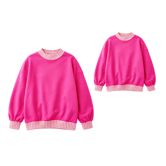 (Preorder new) No moq Kids And Adult Hot pink Long Sleeve Crew Neck Casual Top