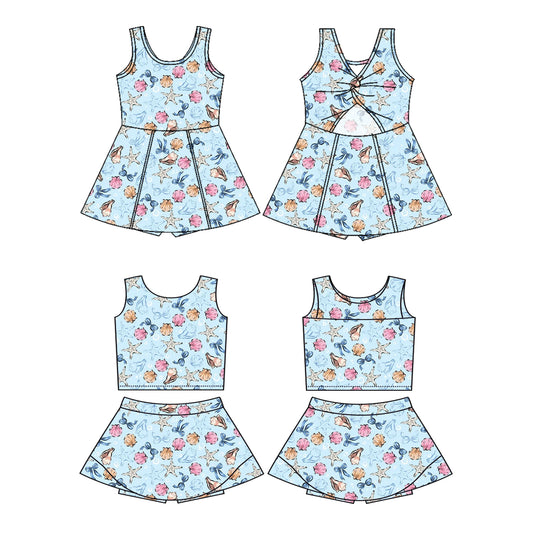2.28 Custom moq 5 mix size Sibling Baby Girls Blue Sleeveless Top And Skirt Sets Dress Yoga Outfit