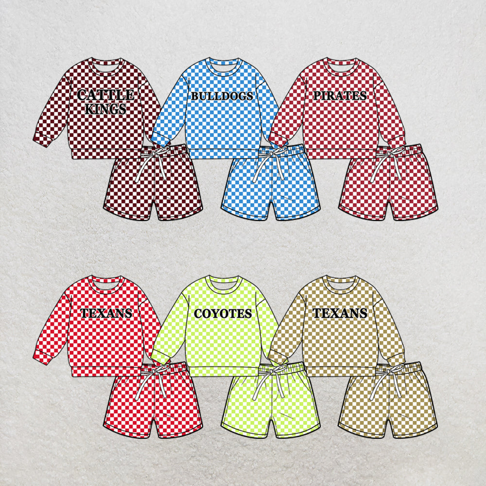 custom moq 5 mix size MSD070803 Baby Kids Casual Checked Long Sleeve Top Drawstring Shorts Clothes Set