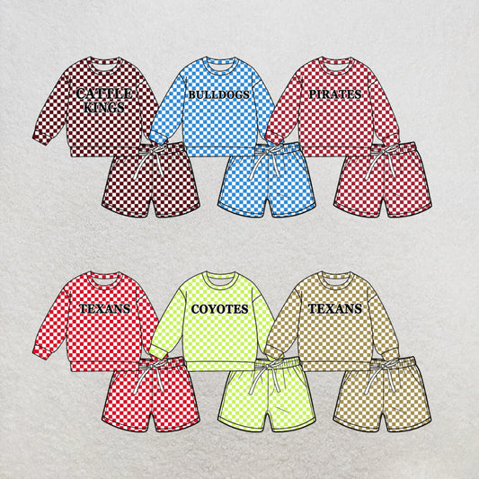 custom moq 5 mix size MSD070803 Baby Kids Casual Checked Long Sleeve Top Drawstring Shorts Clothes Set