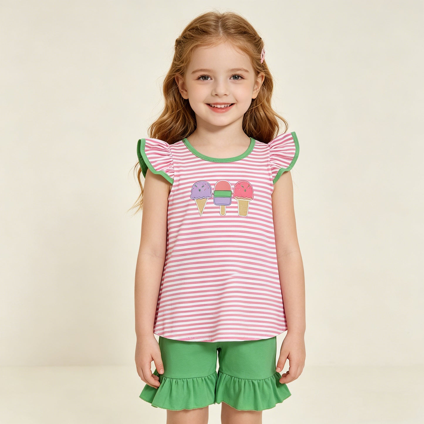 RTS NO MOQ GSSO2349 Embroidery Popsicle Baby Girls Pink Stripe Tunic Ruffle Short Set Cute Outfit for Little Girls