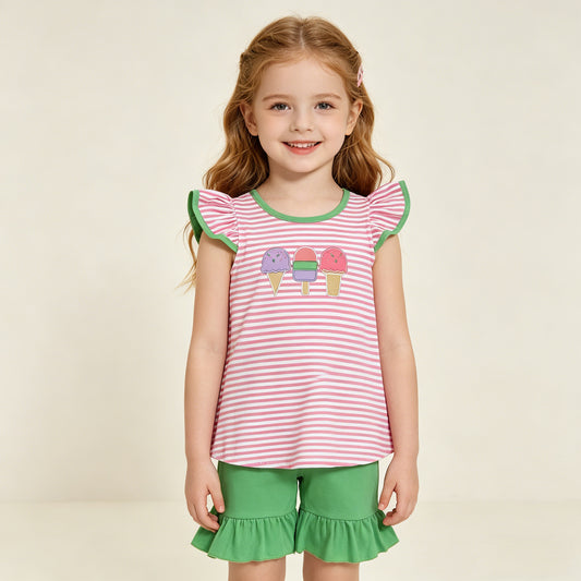 RTS NO MOQ GSSO2349 Embroidery Popsicle Baby Girls Pink Stripe Tunic Ruffle Short Set Cute Outfit for Little Girls