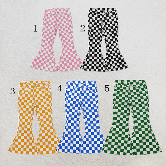 RTS NO MOQ Sibling Girls Boys Checkered Denim Adjustble Waistband Jeans Pants