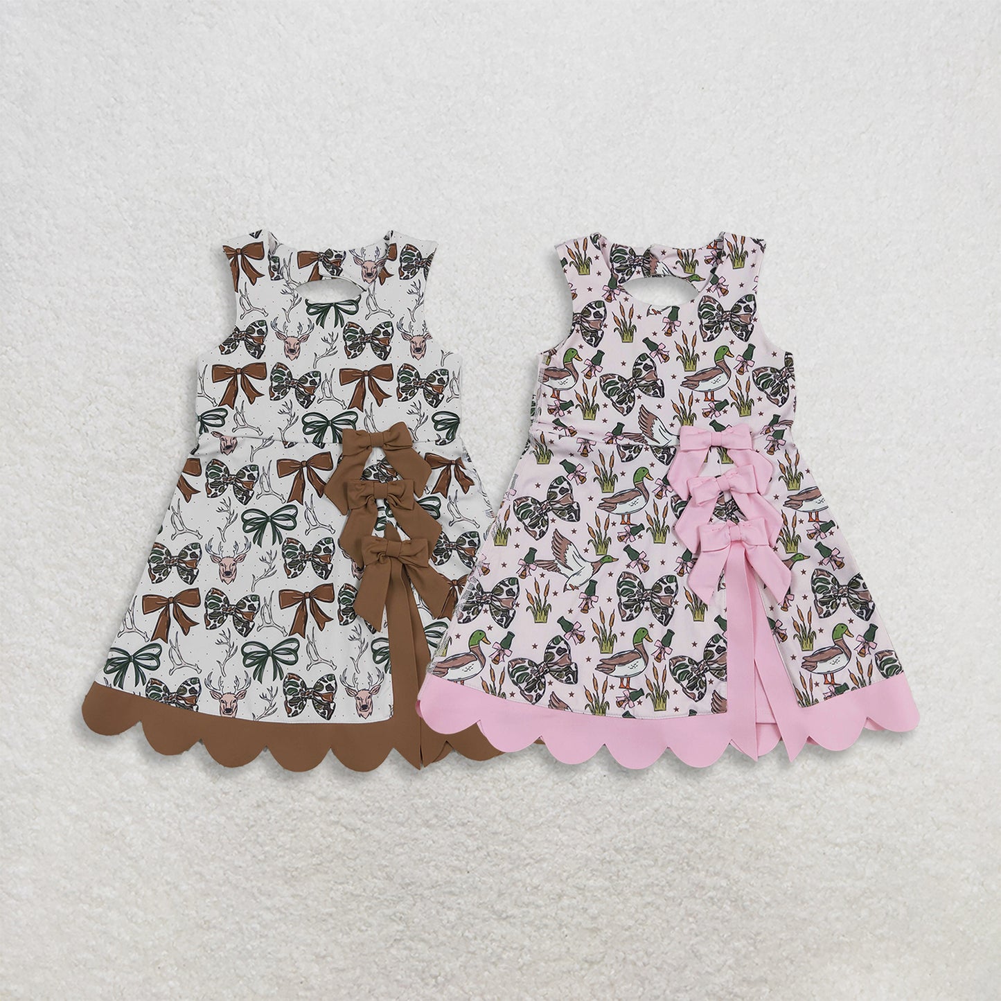 RTS NO MOQ Sibling yoga fabric Baby Girls Camo Bow Print Scallop Knee Length Yoga Active Dress