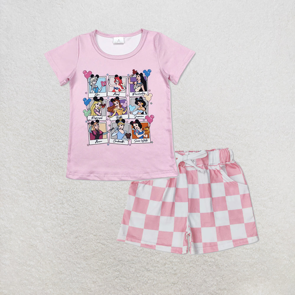 RTS NO MOQ milk silk GT0676+SS0258 Baby Girls Pink Short Sleeve Tee Shirts Tops Checkered Pocket Shorts Set