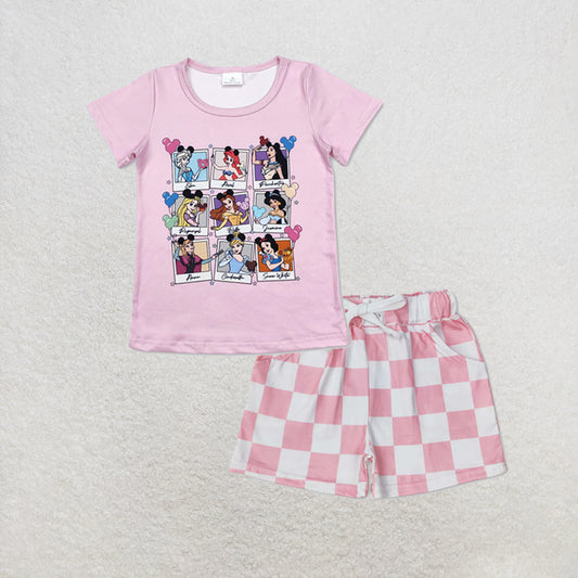 RTS NO MOQ milk silk GT0676+SS0258 Baby Girls Pink Short Sleeve Tee Shirts Tops Checkered Pocket Shorts Set