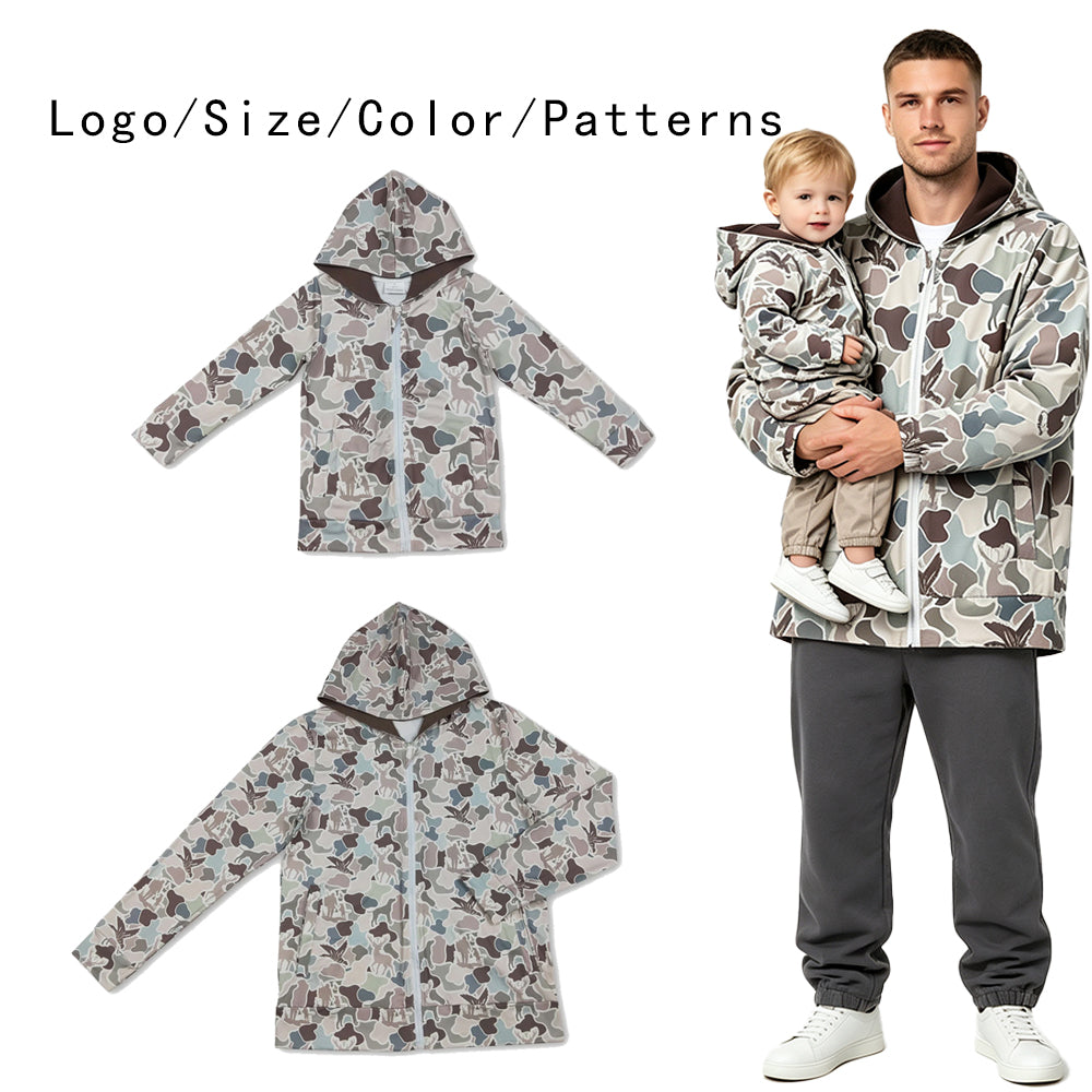 RTS NO MOQ Sibling milk silk Adult To Match Kids Dogs Deer Ducks Camo Pockets Zipper Hoodie Jackets Top