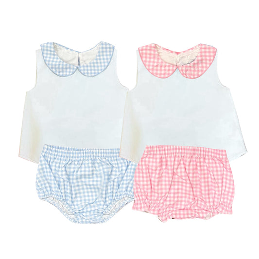 (Pre Order) No moq milk silk Baby Girls Checked Sleeveless Two Piece Tunic Bummies Set
