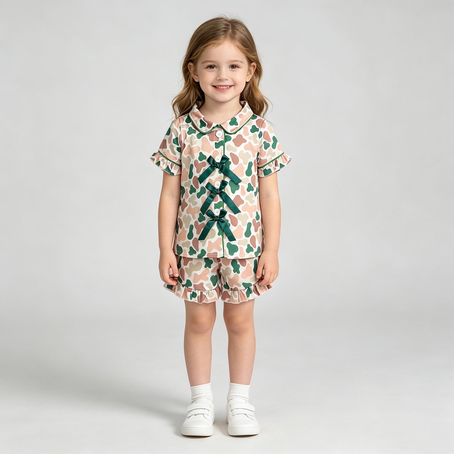 NEW RTS NO MOQ milk silk GSSO3367 Baby Girls Hunting Green Camo Print Button Front Top Ruffle Trim Shorts Pajama Sets