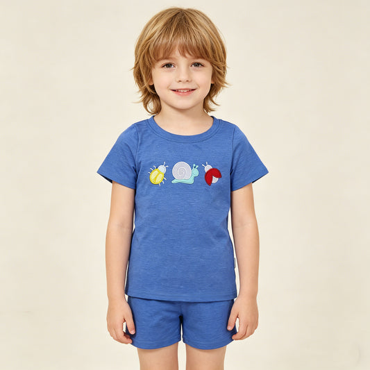 RTS NO MOQ BT1725 Baby Boys Blue Embroidery Ladybirds Snails Short Sleeve T-shirts Top