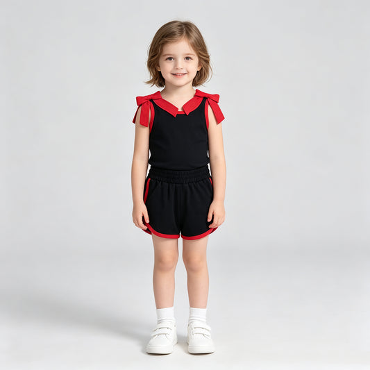 NEW RTS NO MOQ milk silk GSSO3827 Baby Girls Black Red Bows Sleeveless Top Short Clothes Sets
