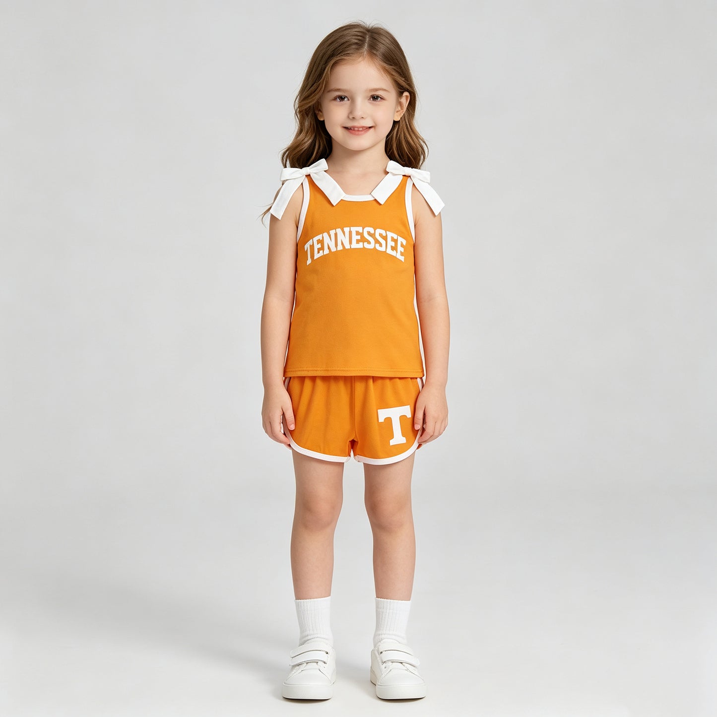 NEW RTS NO MOQ Vinyl GSSO3829 Baby Girls Orange White Bows Vinyl Tennessee Top Short Team Clothes Sets