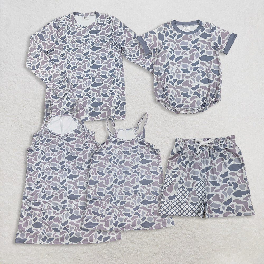 RTS NO MOQ Sibling baby Girls Adult clothes camouflage yoga dress & kids yoga dresses and romper and shorts and adult top