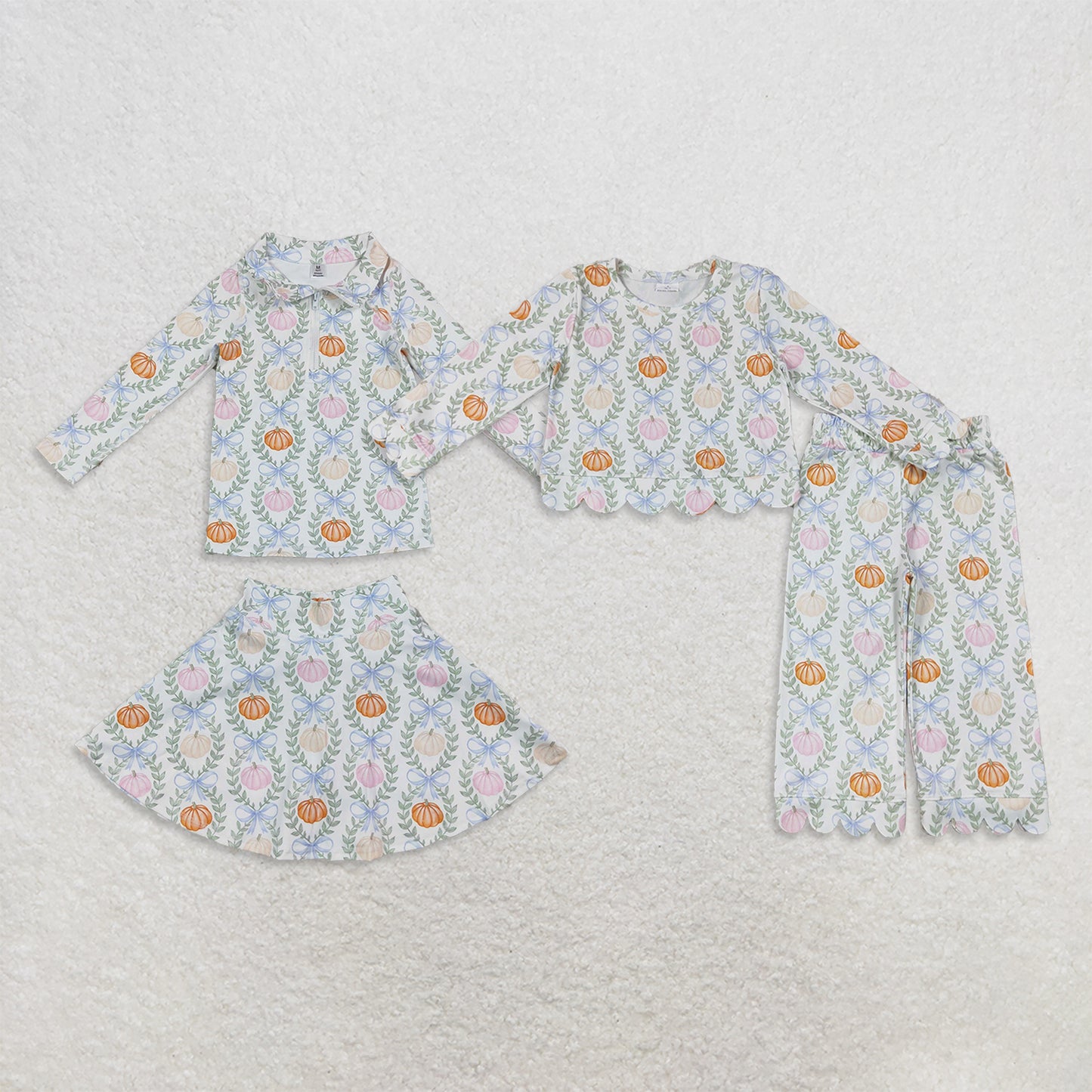 RTS NO MOQ Sibling milk silk Baby Girls Baby Girls Pumpkins Bows Checked Yoga Active Half Zip Fall Set