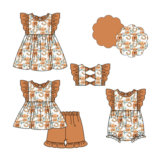 4.24 custom each style moq 5eta 4-6week Sibling Sisters apline floral baby girl short sleeve shorts sets and dress and rompers match family design