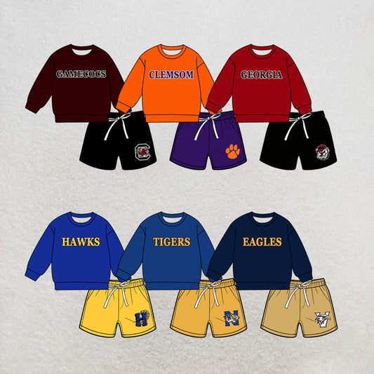 custom moq 5 mix size MSD070903 Baby Kids Casual Long Sleeve Top Drawstring Shorts Clothes Set