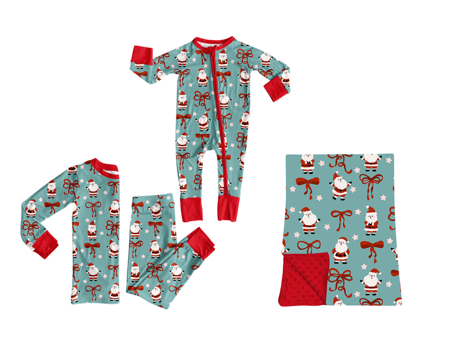 (Preorder new) No moq Baby Girls Santa Bow Star Print Long Sleeve Christmas Pajama Set Romper Blankets