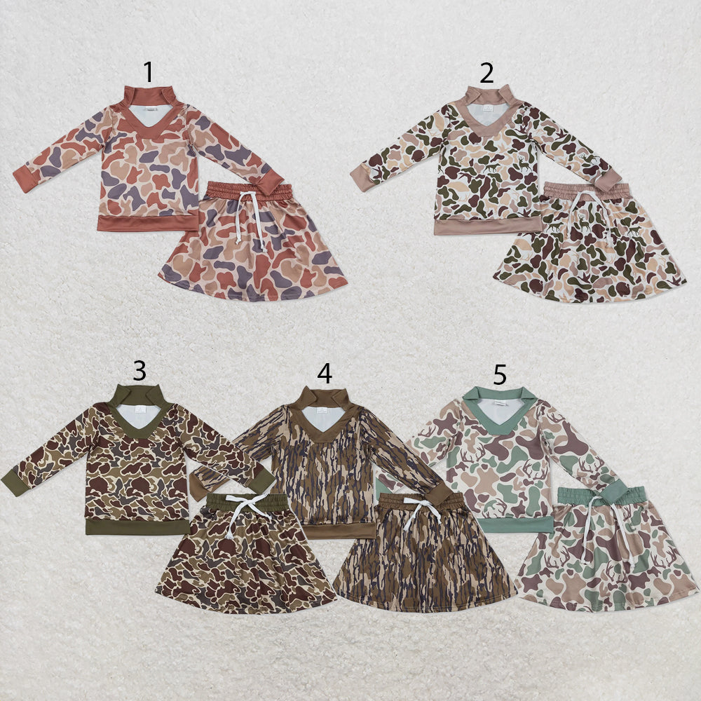 RTS NO MOQ Sibling milk silk Baby Girls Camo Print Long Sleeve Top Skirts Clothes Set