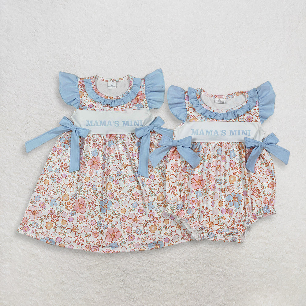RTS NO MOQ Sibling Baby Girls Colorful Flowers Flutter Sleeves Knee Length Dresses Ruffle Rompers