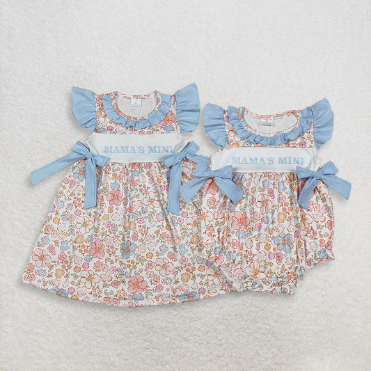 RTS NO MOQ Sibling Baby Girls Colorful Flowers Flutter Sleeves Knee Length Dresses Ruffle Rompers