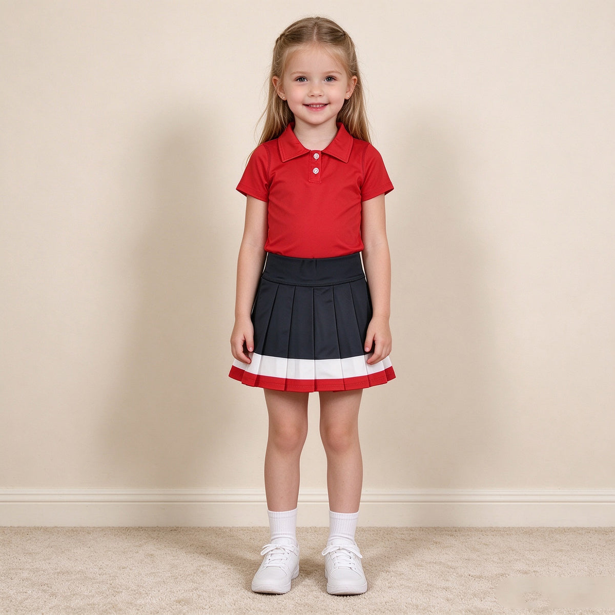 NEW RTS NO MOQ yoga fabric cotton GSD4262 Yoga Baby Girls Solid Red Lapel Button Polo Elastic Waist Pleated Skort Outfit