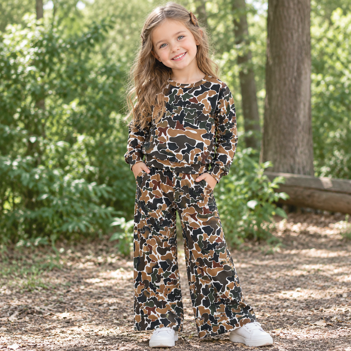 NEW RTS NO MOQ milk silk GT1688+P1145 Baby Girls Dark Brown Camo Scallop Trim Long Sleeve Top And Pants Pajama Set