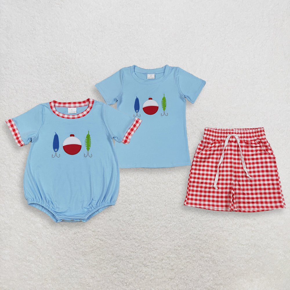 RTS NO MOQ Sibling Blue Short Sleeve Embroidery Fishing Baby Boys Top with Checked Pockets Shorts Set Rompers Hunting Clothes Set for Toddlers