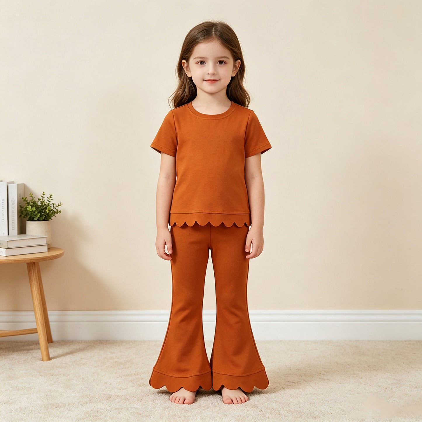 NEW RTS NO MOQ cotton GSPO2345（GT1775+P1083）Baby Girls Short Sleeve Shirts Top Flare Pant Scallop Sets