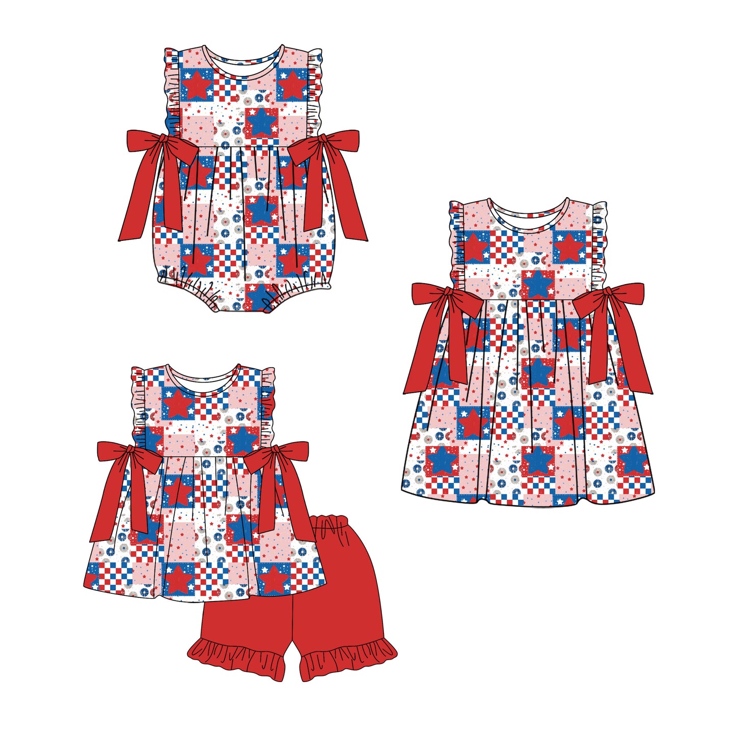 4.8  Custom moq 5 mix size Sibling Baby Girl's 4th of July Checkered Sleeveless Tunic Ruffle Shorts Set Cute Romper Dress for Summer