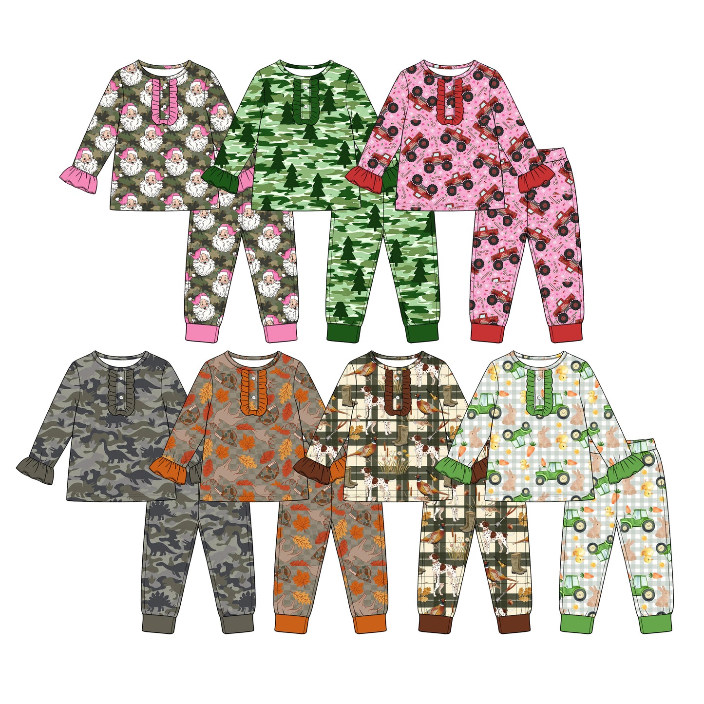 (Preorder new) No moq Baby Girls Christmas Santa Print Long Sleeve Pajama Set Holiday Sleep Outfit