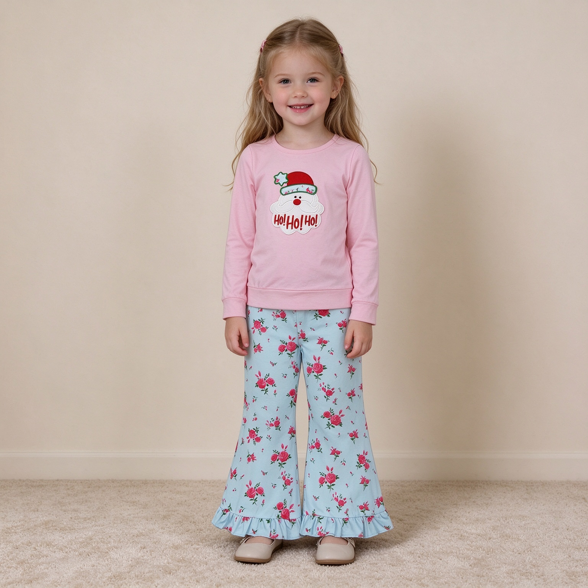 NEW RTS NO MOQ milk silk GLP3596 Embroidery Hat Santa Flowers Baby Girls Top Flare Pant Christmas Clothes Sets Casual Outfit