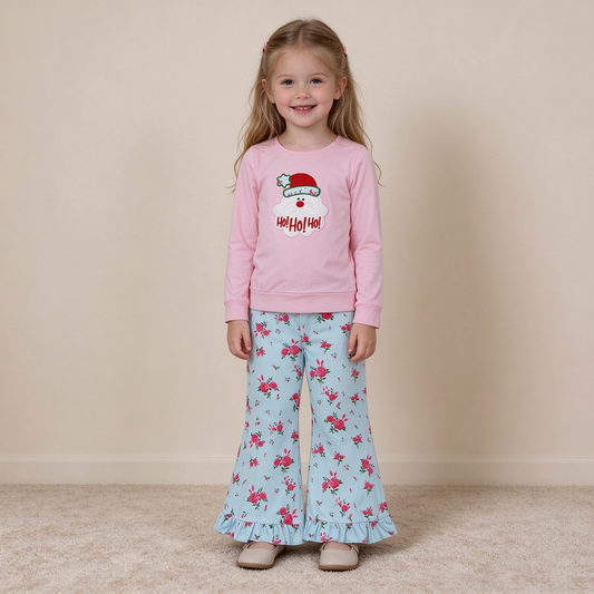 NEW RTS NO MOQ milk silk GLP3596 Embroidery Hat Santa Flowers Baby Girls Top Flare Pant Christmas Clothes Sets Casual Outfit