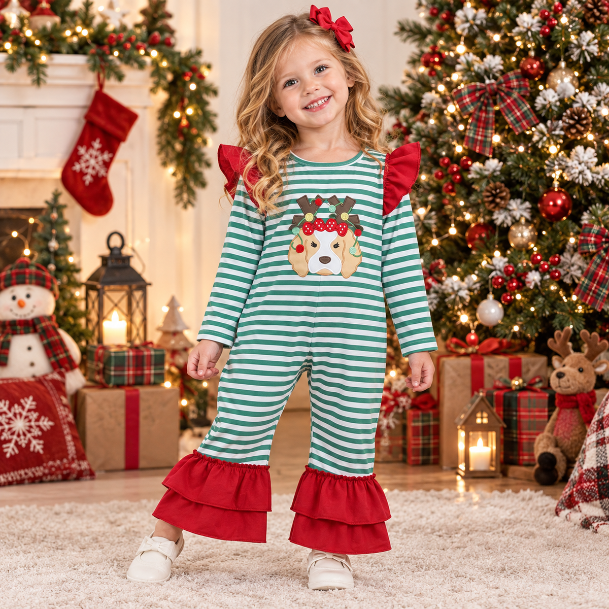 NEW RTS NO MOQ milk silk LR3145 Embroidery Baby Girls Green Stripe Light Dog Print Ruffle Romper