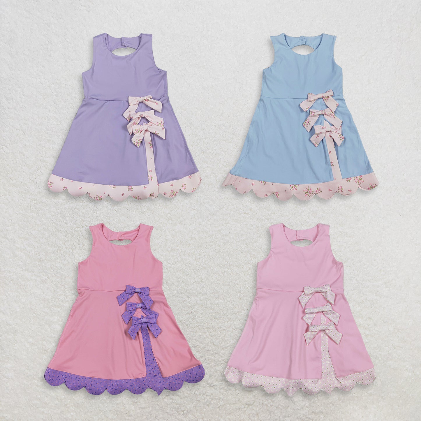 RTS NO MOQ Sibling yoga fabric Baby Girls Sleeveless Bow Scallop Trim Yoga Knee Length Dresses