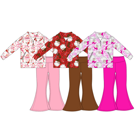 (Preorder new) No moq Baby Girls Christmas Holly Santa Print Zip Side Pocket Pullover Flare Pants Set